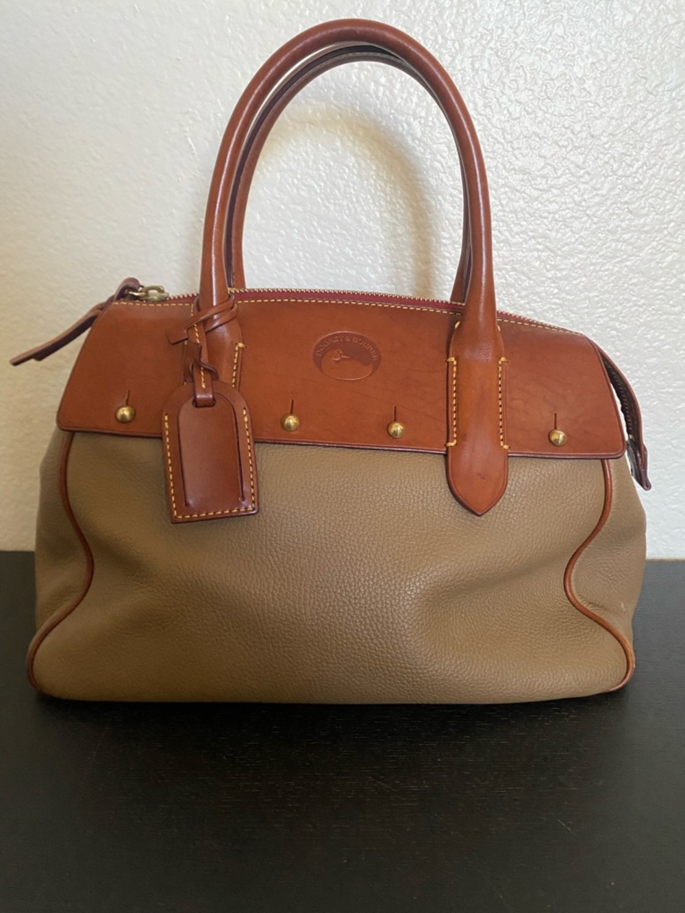 Dooney & Bourke Tan Pebbled Leather Satchel with Brown Trim